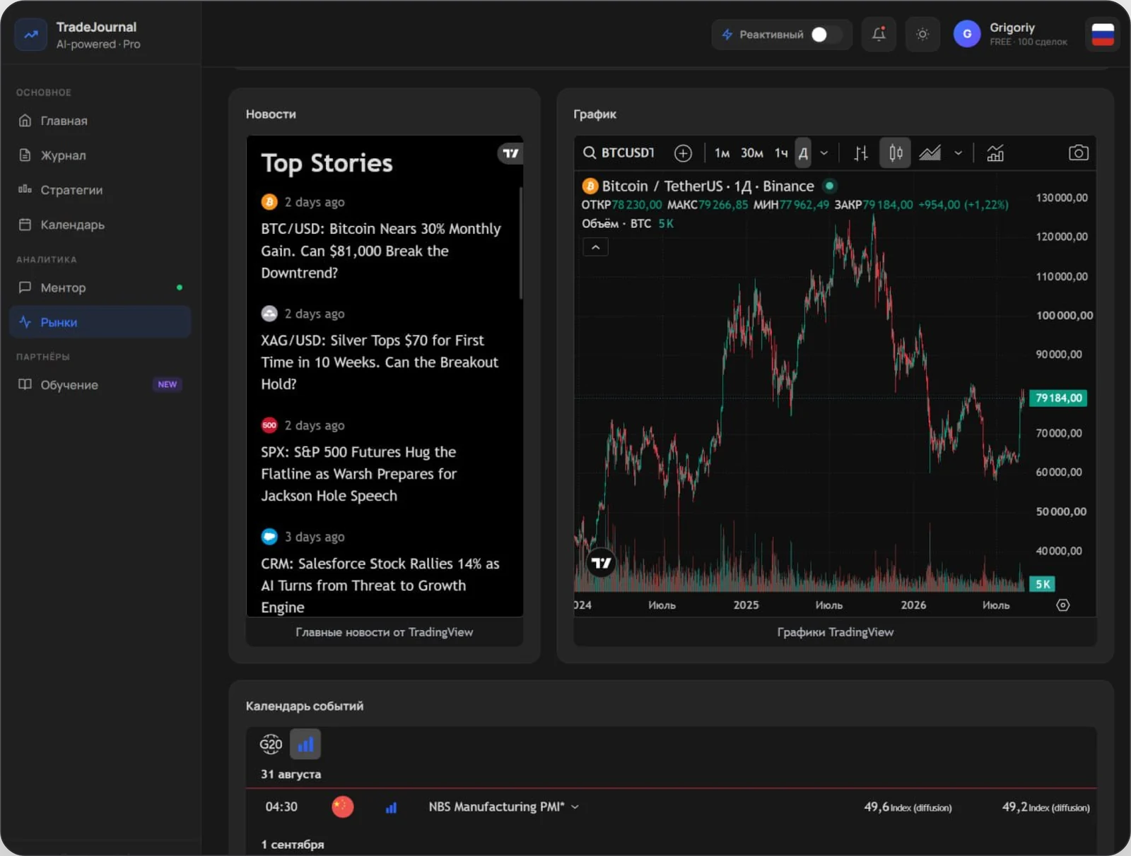 Раздел «Рынки»: новости TradingView, свечной график BTC/USD с объёмом и календарь экономических событий